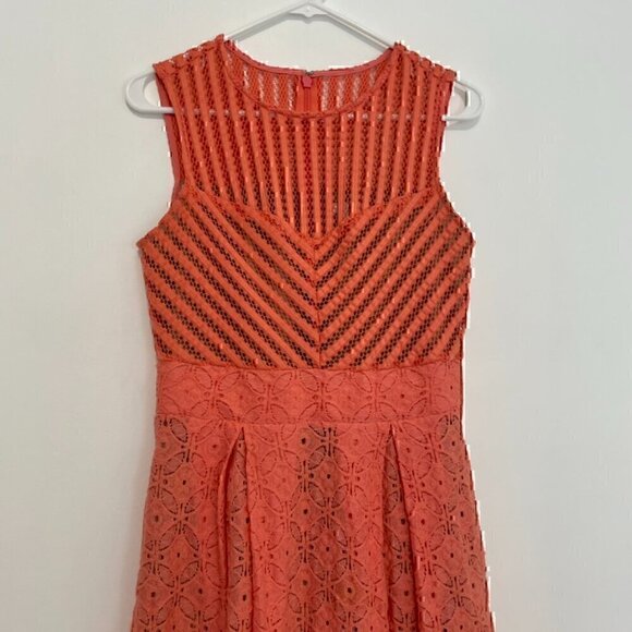 NEW YORK COMPANY NY&CO Eyelet Fit Flare Dress Coral Orange Pink Sleeveless Midi - Picture 3 of 13